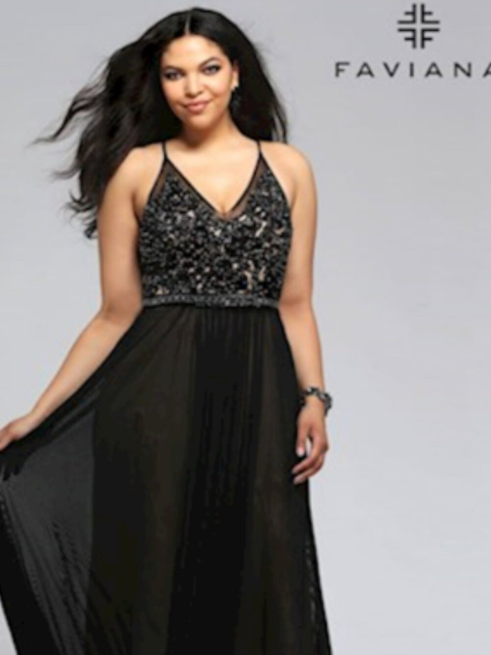 Faviana Black Lace & Beaded Evening Tea Length Dress, Size 14W